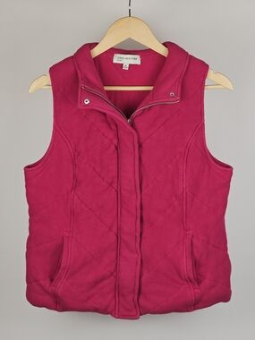 Jones New York Sport Pink Puffer Vest Medium Quilted Zip Snap Cotton Hot Pink